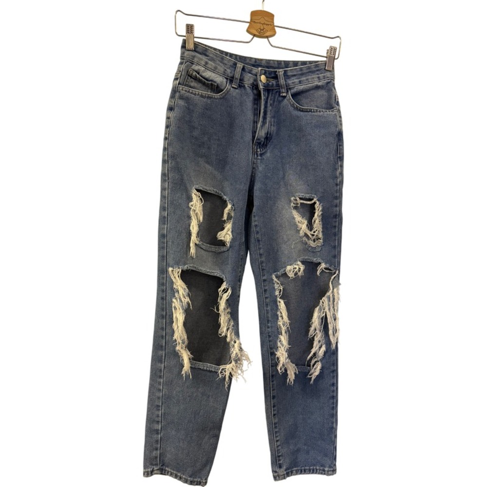 SHEIN Juniors Distressed Jeans Size XS High Rise Ripped Denim Blue Cotton Blend